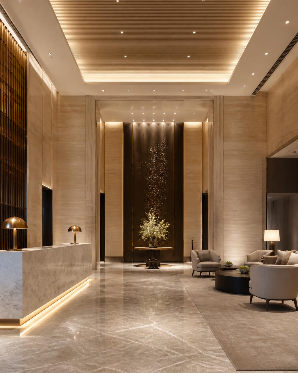 Luxury hotel lobby with minimalist architectural lighting and marble surfaces